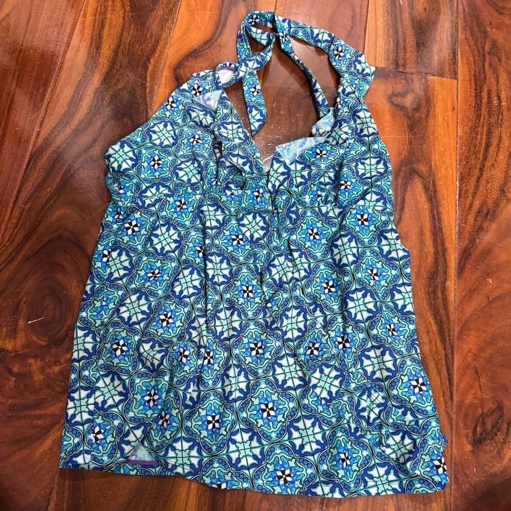 Assets by Sara Blakely Blue Patterned swim top size large